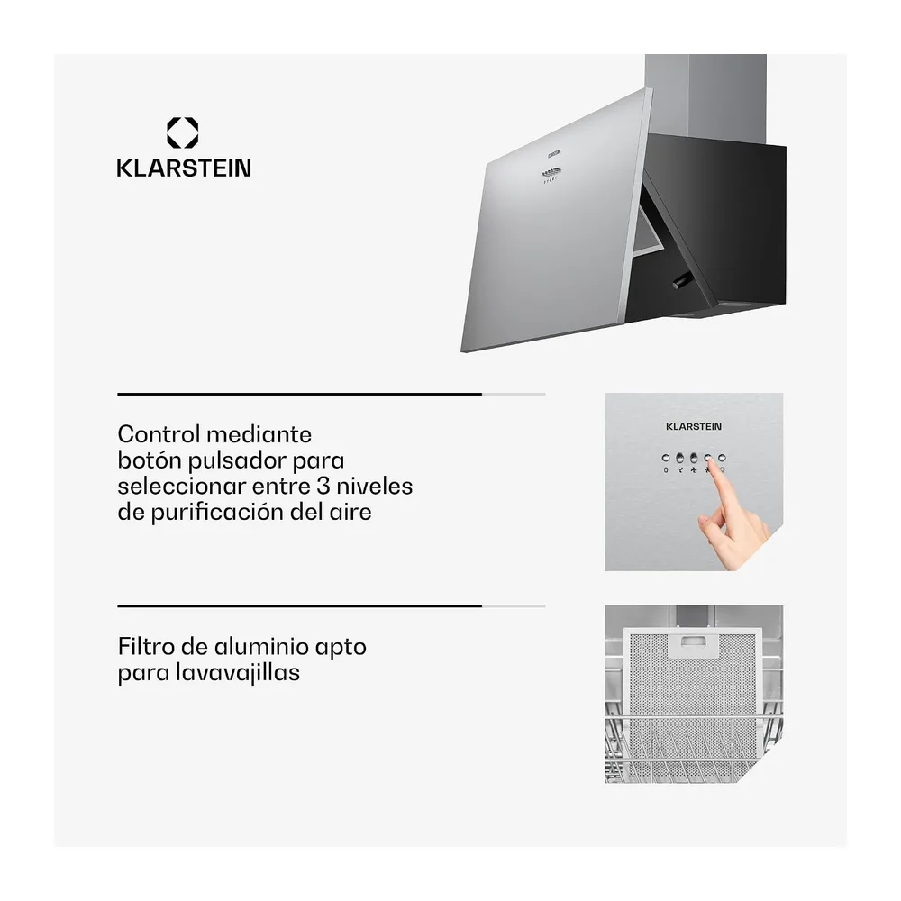 Klarstein Campana extractora angular, Silver Lining 90 cm - 557 m³/h Extractor, Acero inoxidable, Luz LED, — 6