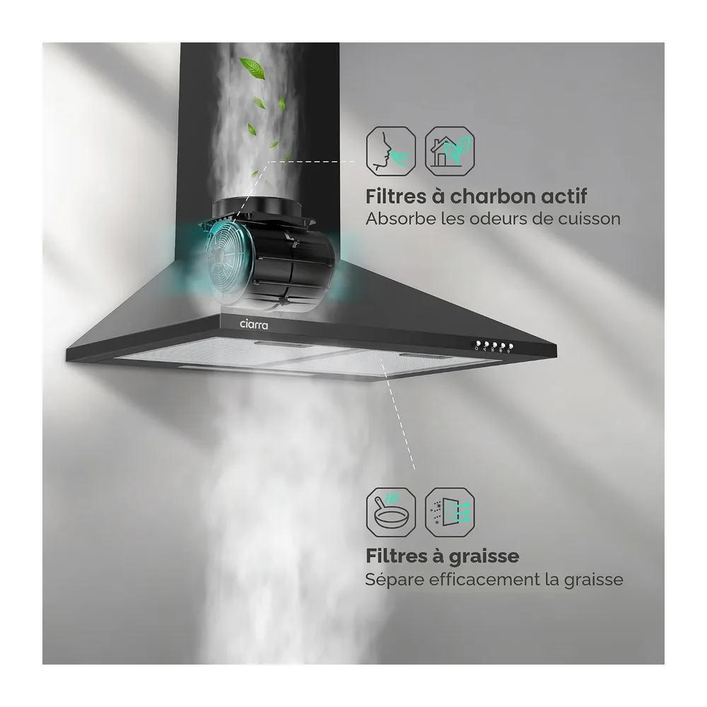 CIARRA CBCB6201 Campana Extractora 60cm 404m³/h Clase A++ - Negro | Evacuación o Reciclaje - Filtros de Carbón CBCF002X2 INCLUIDOS - 3 Velocidades - Iluminación LED, Solo 60 dB - Campana de Pared. [Clase energética A++]