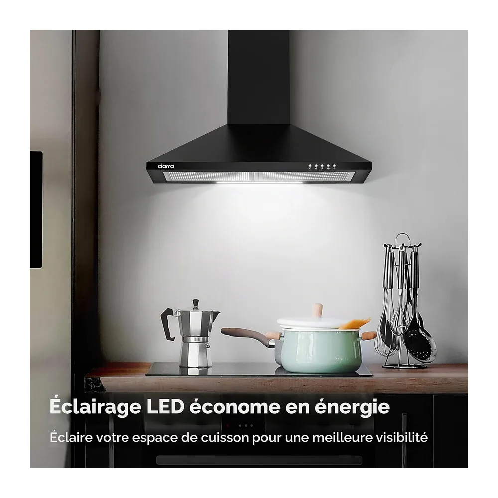 CIARRA CBCB6201 Campana Extractora 60cm 404m³/h Clase A++ - Negro | Evacuación o Reciclaje - Filtros de Carbón CBCF002X2 INCLUIDOS - 3 Velocidades - Iluminación LED, Solo 60 dB - Campana de Pared. [Clase energética A++]