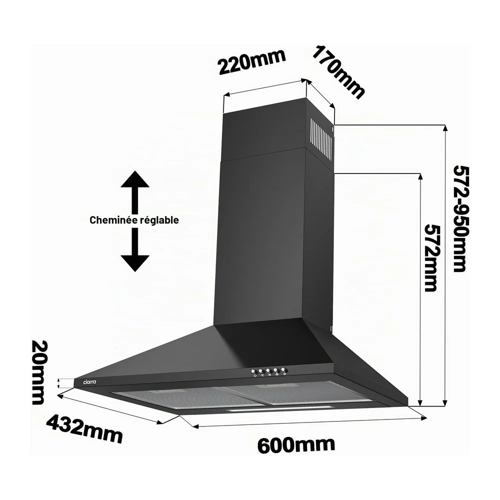 CIARRA CBCB6201 Campana Extractora 60cm 404m³/h Clase A++ - Negro | Evacuación o Reciclaje - Filtros de Carbón CBCF002X2 INCLUIDOS - 3 Velocidades - Iluminación LED, Solo 60 dB - Campana de Pared. [Clase energética A++]