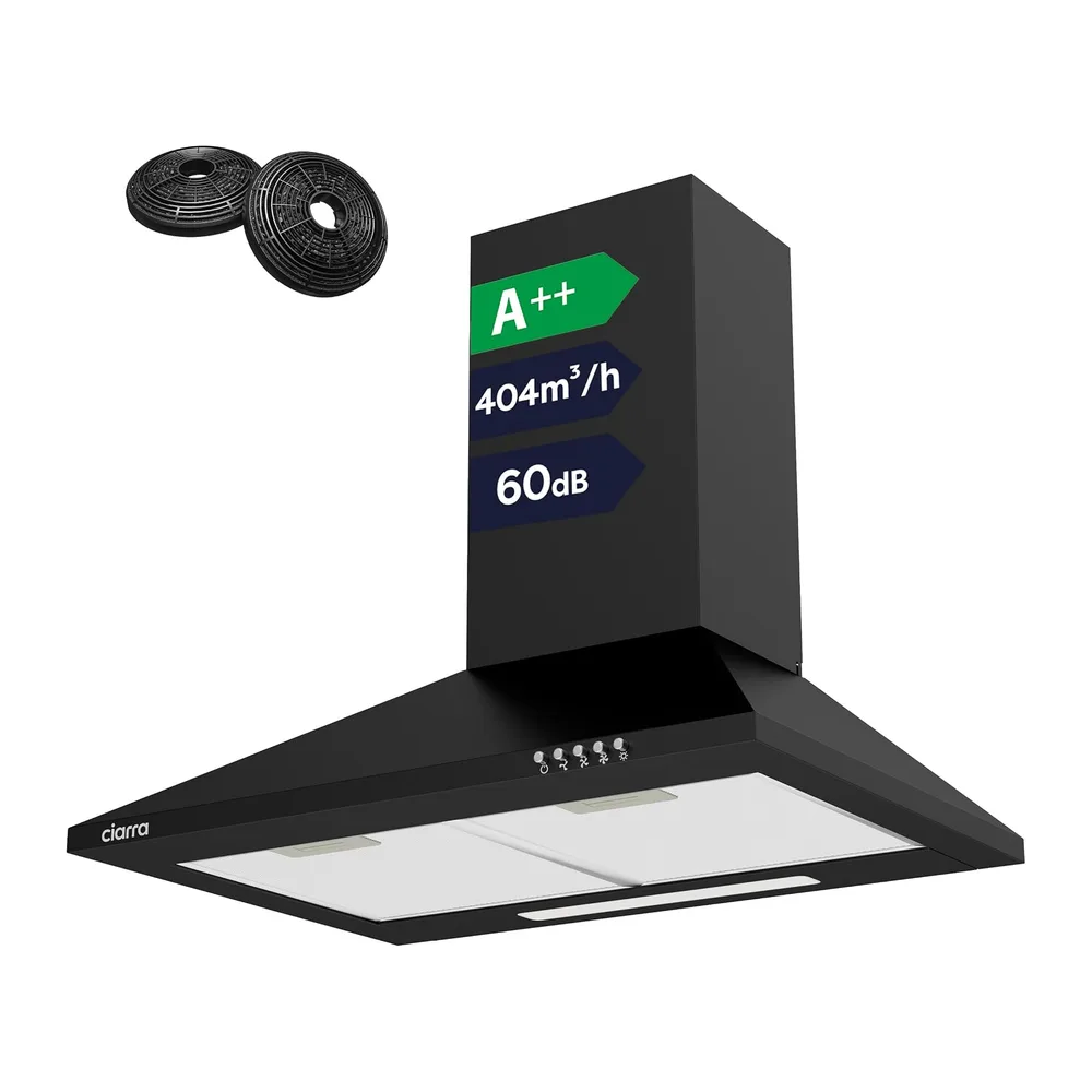 CIARRA CBCB6201 Campana Extractora 60cm 404m³/h Clase A++ - Negro | Evacuación o Reciclaje - Filtros de Carbón CBCF002X2 INCLUIDOS - 3 Velocidades - Iluminación LED, Solo 60 dB - Campana de Pared. [Clase energética A++]