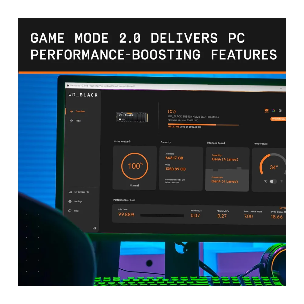 WD_BLACK SN850X SSD NVMe 2 TB, hasta 7300 MB/s de lectura, SSD Gaming M.2 2280 PCIe Gen 4.0