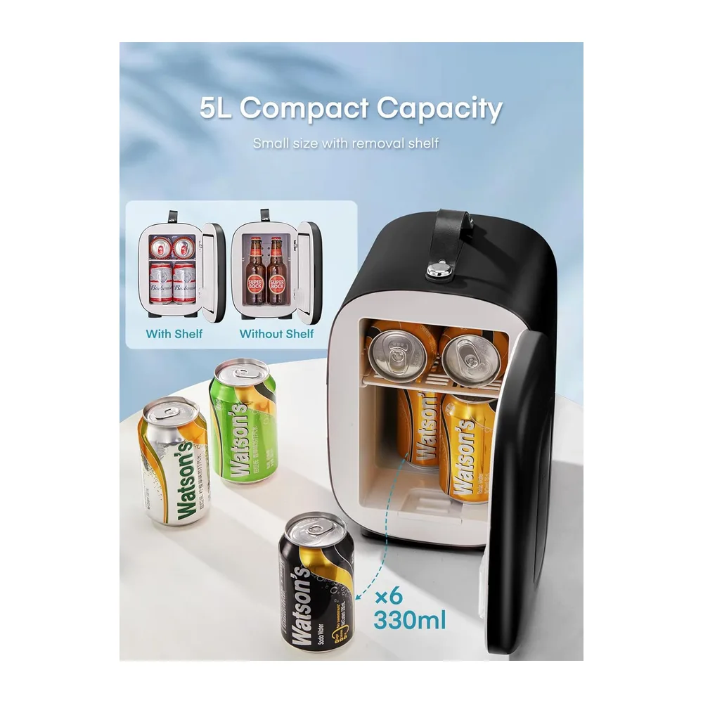 FOHERE Mini Nevera de Habitación 5 Litros / 6 Latas, Mini Frigorífico Termoeléctrico CA/CC, Cosmétic