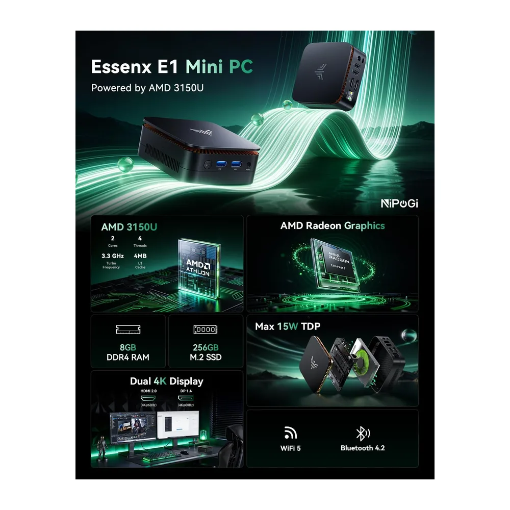 NiPoGi E1 Mini PC AΜD 3150U W11-Pro(2C/4T,Max 3,3GHz,Mieux Que J3355) | 8Go DDR4 RAM+256Go SSD(2To Max) 4K Dual Display(