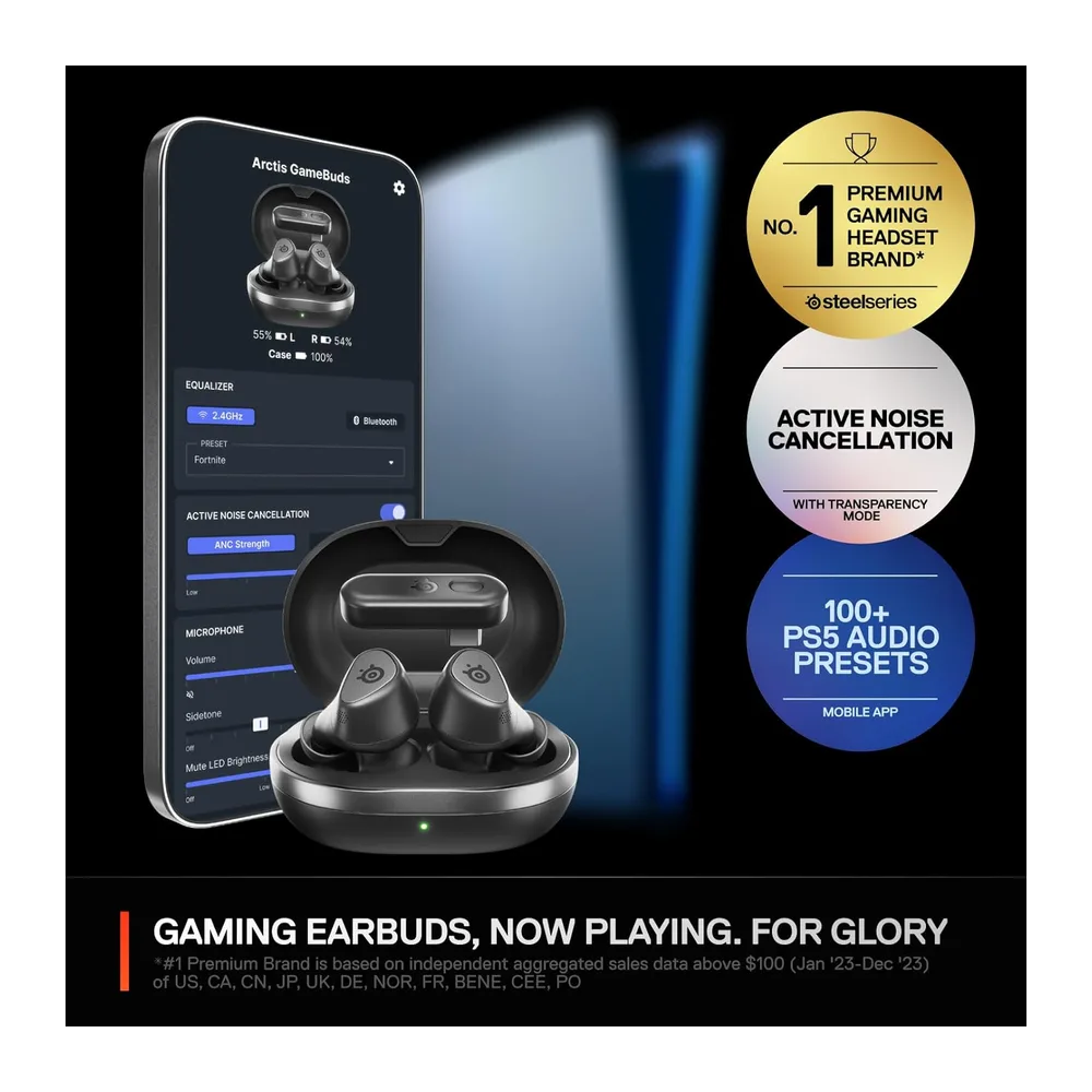 SteelSeries - Arctis GameBuds para PS5 - Auriculares de juego inalámbricos - 2,4 GHz + BT 5.3 - ANC/Transparencia - 40H de autonomía - Carga inalámbrica - PS5, PC, Switch 2, Móvil - Negro (Reacondicionado)