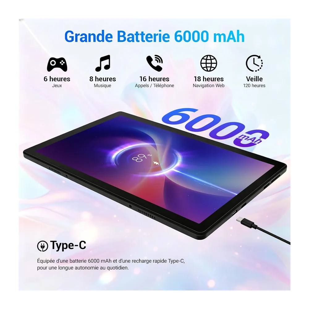 Tableta Android de 10 pulgadas, procesador de 5 núcleos, Widevine L1, 20 GB + 64 GB + hasta 1 TB microSD, WiFi 6, Bluetooth 5.3, batería de 6000 mAh, transmisión OTG, desbloqueo facial, conector de auriculares tipo C (Negro)