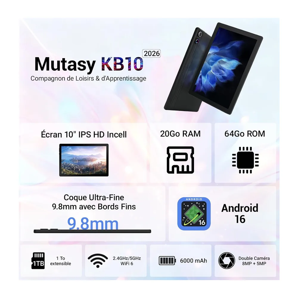 Tableta Android de 10 pulgadas, procesador de 5 núcleos, Widevine L1, 20 GB + 64 GB + hasta 1 TB microSD, WiFi 6, Bluetooth 5.3, batería de 6000 mAh, transmisión OTG, desbloqueo facial, conector de auriculares tipo C (Negro)