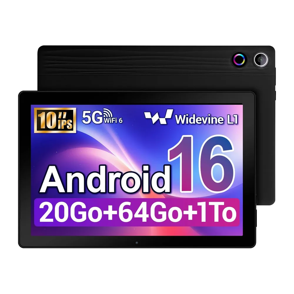 Tableta Android de 10 pulgadas, procesador de 5 núcleos, Widevine L1, 20 GB + 64 GB + hasta 1 TB microSD, WiFi 6, Bluetooth 5.3, batería de 6000 mAh, transmisión OTG, desbloqueo facial, conector de auriculares tipo C (Negro)